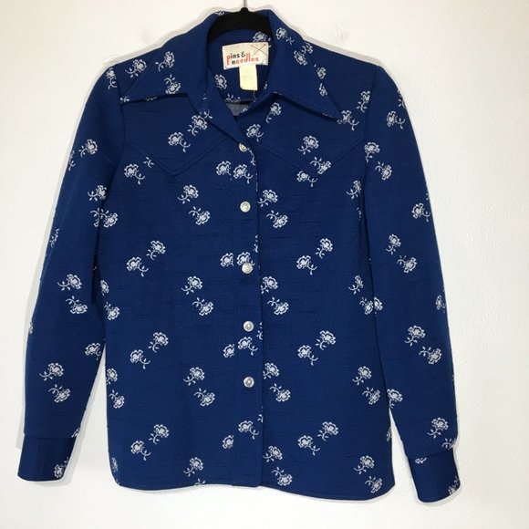 Vintage 70s Blue Button Front Jacket, Pointy Dagger Collar Western Style Floral - Picture 7 of 16